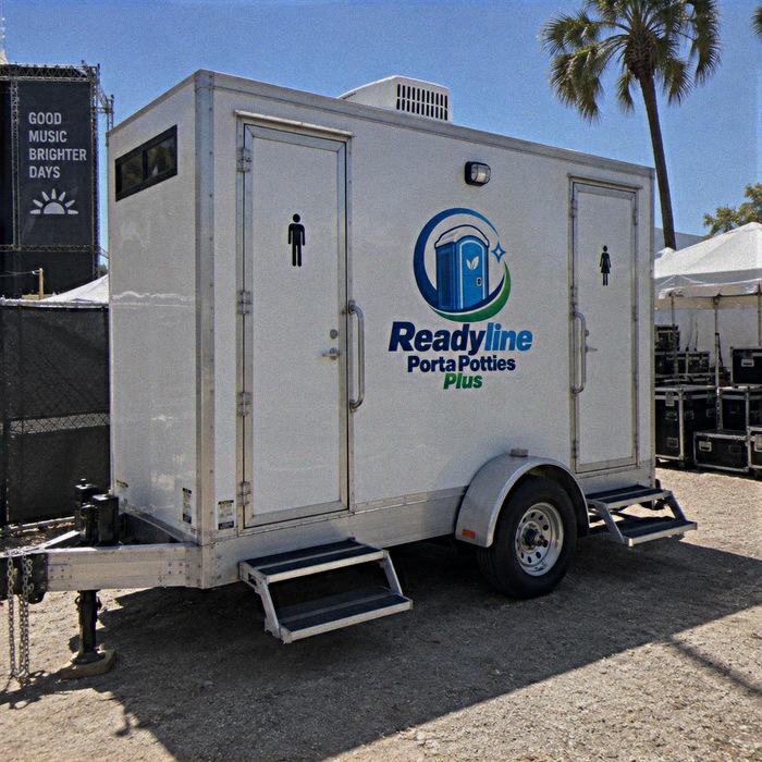 White two-room towable restroom trailer with men's and women's doors and fold-down steps
